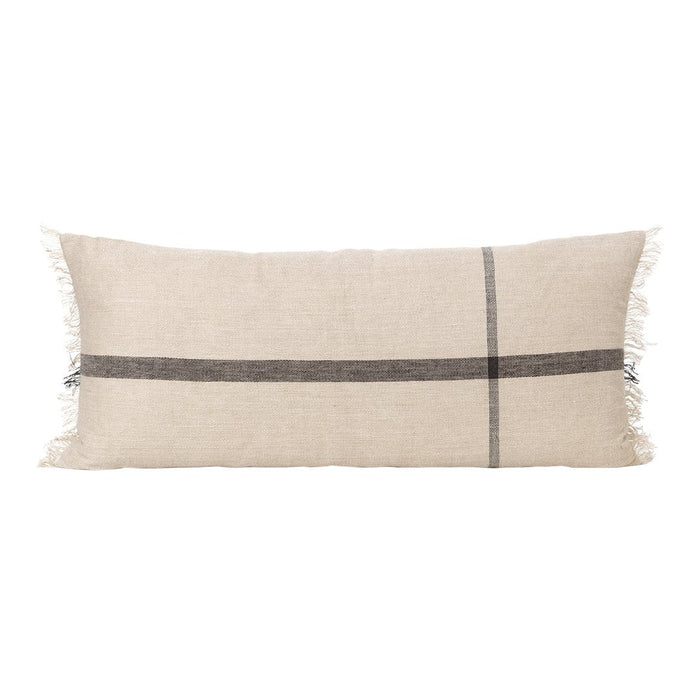 Light beige lumbar pillow with a dark gray stripe and fringed edges, perfect for adding texture to your decor.