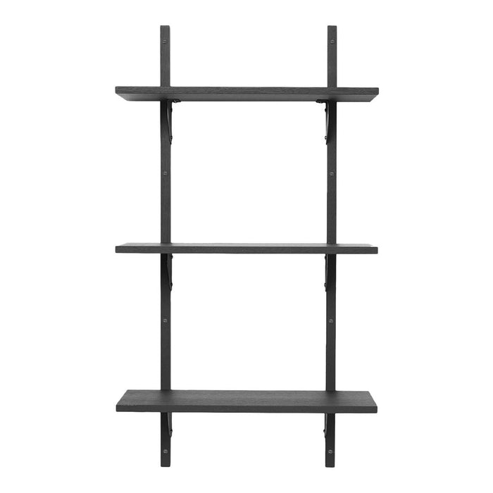 Black metal shelf unit with four evenly spaced shelves and a sleek, minimalist design. Perfect for modern decor.
