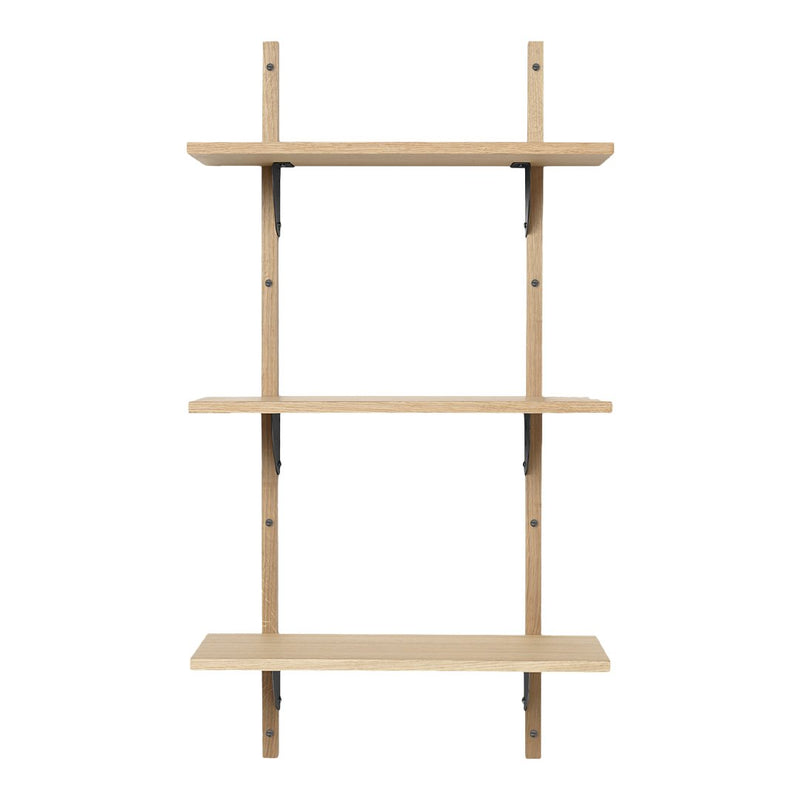 Light wood wall shelf with three horizontal shelves and minimalistic design, featuring natural grain patterns.