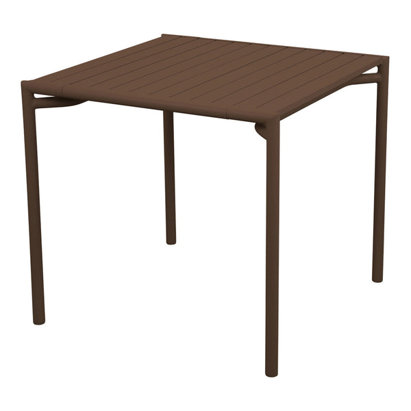 Brown square table with a slatted surface, perfect for outdoor and indoor settings. Modern and sleek design.