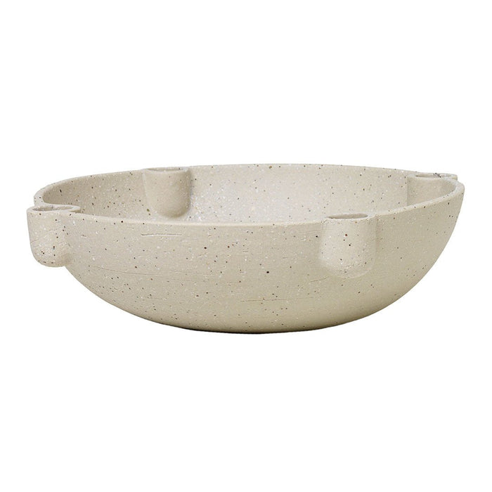 Beige bowl with subtle speckles, featuring a smooth, rounded design and four integrated handles. Perfect for versatile use.