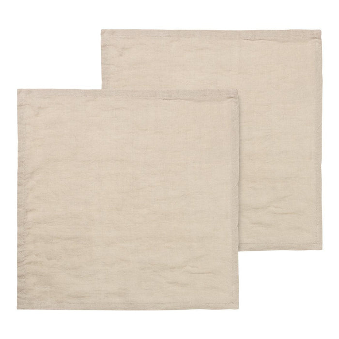 Natural beige linen napkins, pair of two; textured finish with subtle variations in color. Perfect for dining.