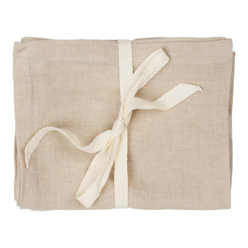 Natural beige linen fabric bundle tied with a cream ribbon. Soft texture with a simple, elegant look.