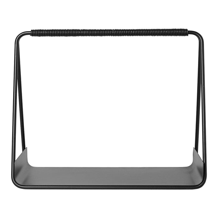 Black metal stand with a sleek, minimalistic design and woven handle detail. Modern and versatile for any decor.
