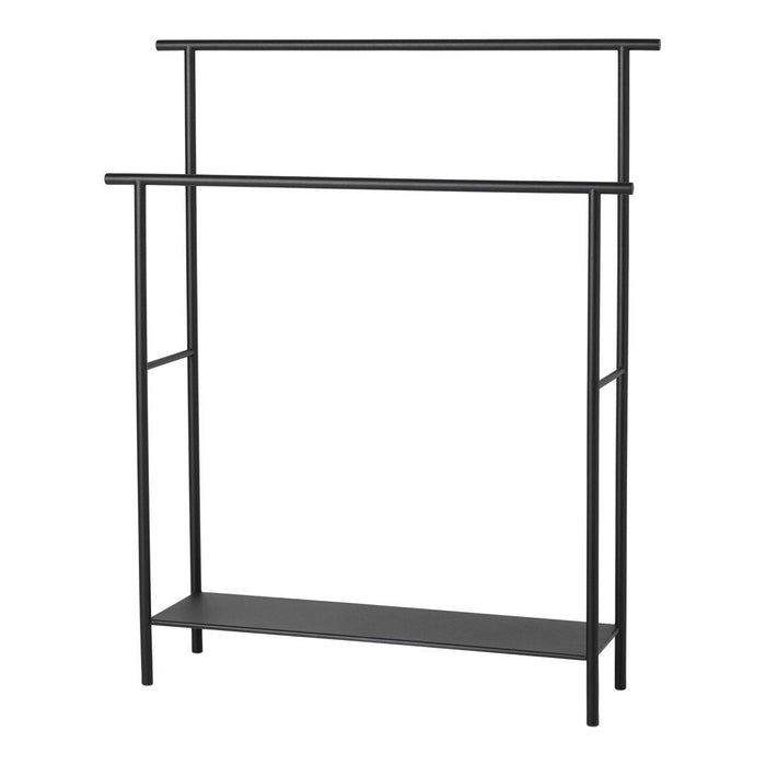 Black metal clothing rack with a minimalist design and sleek patterns, featuring two horizontal bars and a lower shelf.