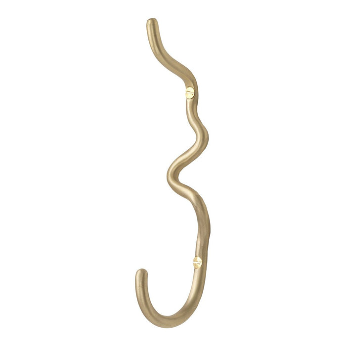 Curved gold metal hook with a wavy design, perfect for stylish organization and decor.