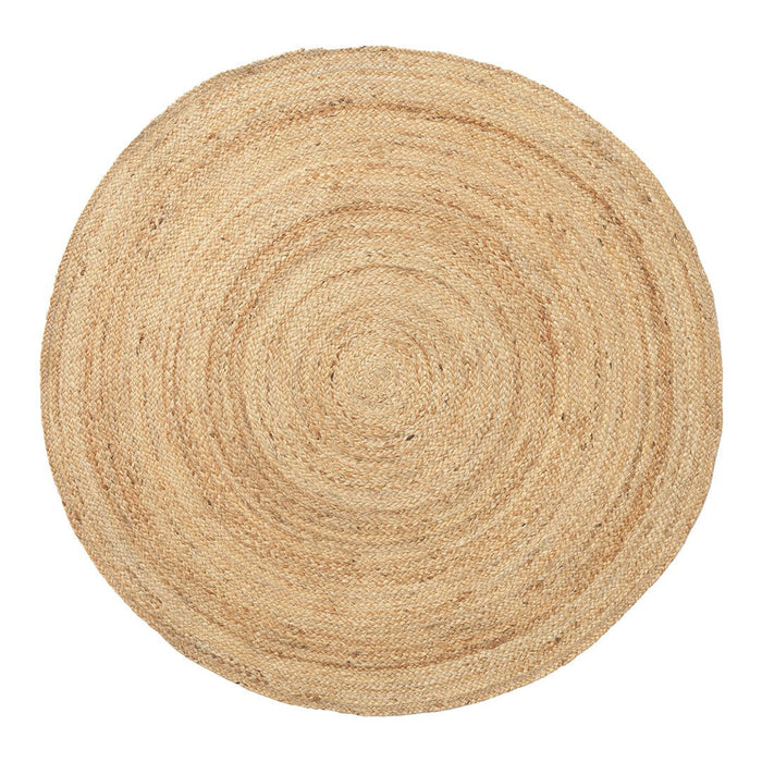 Natural jute round rug in beige, featuring a spiral pattern for a rustic, textured look. Perfect for cozy decorating.