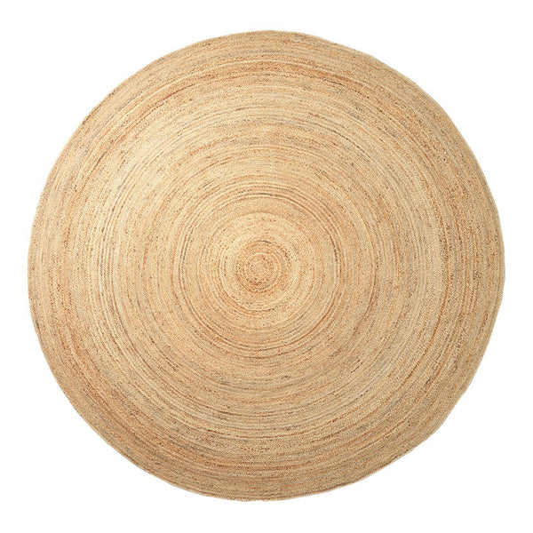 Natural woven circular rug in shades of beige and tan, featuring a textured spiral pattern. Ideal for neutral decor.