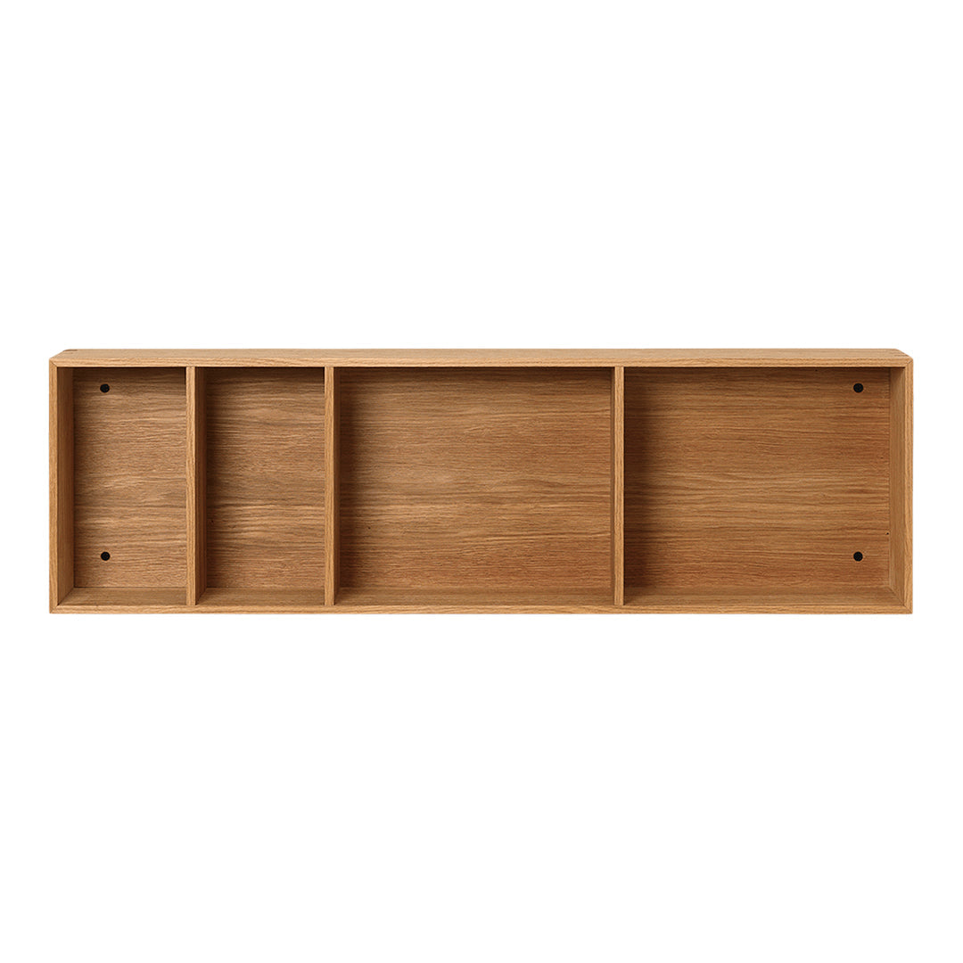 Natural wood wall shelf in a warm light brown finish, featuring a sleek, minimalist design with four compartments.