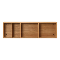 Natural wood wall shelf in a warm light brown finish, featuring a sleek, minimalist design with four compartments.