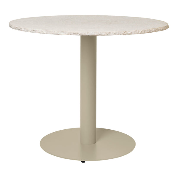 Round table with a textured white top and a sleek beige pedestal base, perfect for modern decor.