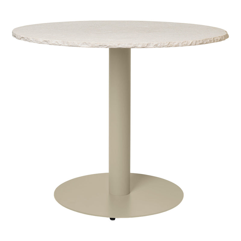Round table with a textured white top and a sleek beige pedestal base, perfect for modern decor.