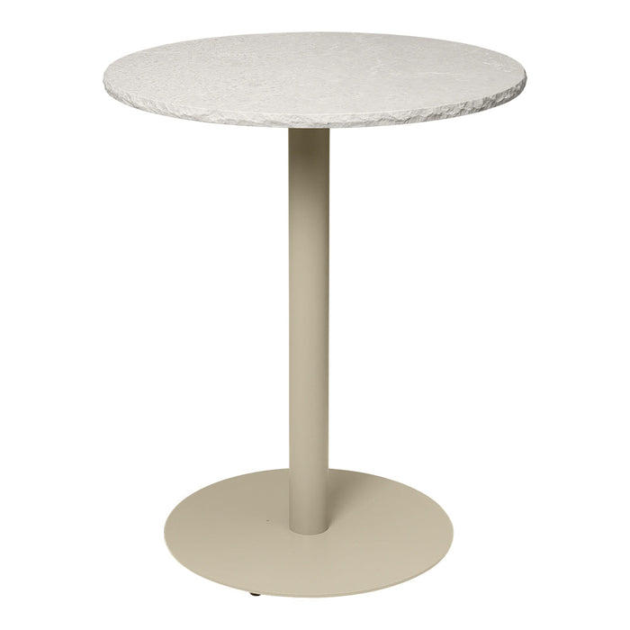 Round table featuring a textured white top and a smooth beige base, ideal for modern decor.