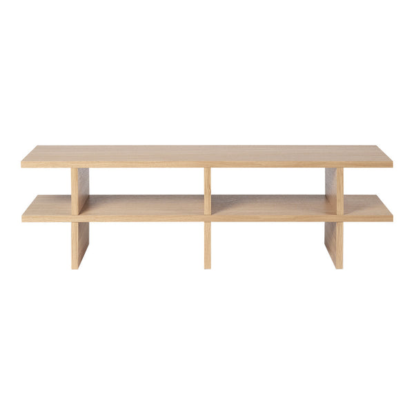 Light natural wood TV stand with a minimalist design, featuring open shelves and a smooth finish.