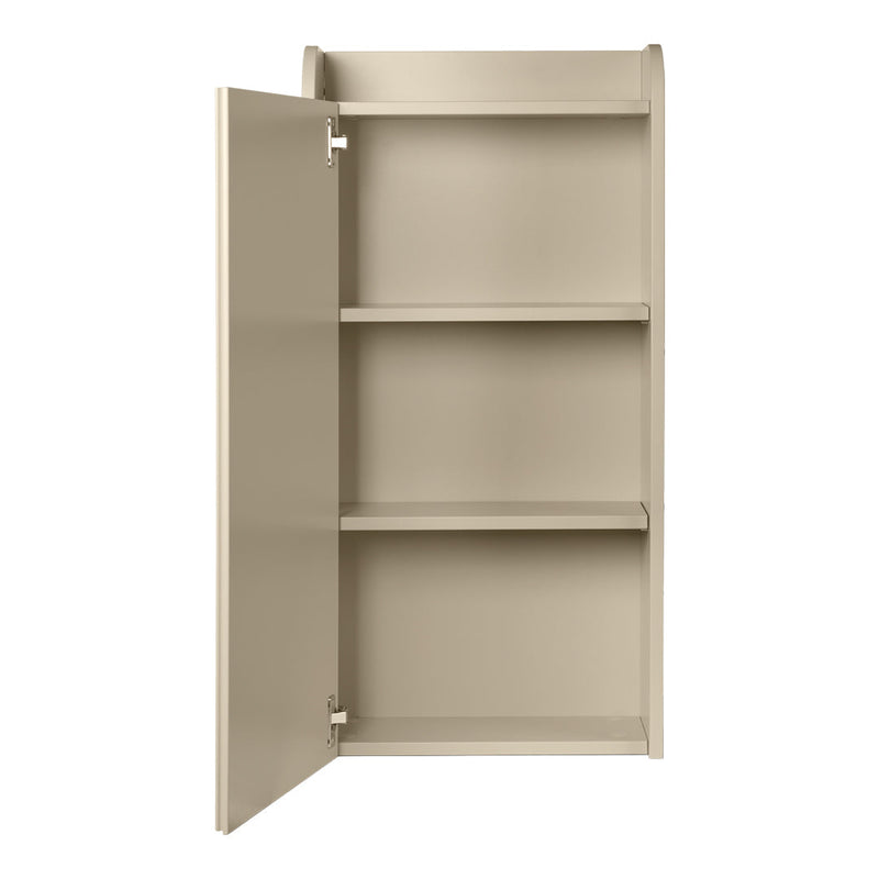 Beige shelving unit with a smooth finish, featuring three open shelves and a minimalist design. Perfect for modern decor.