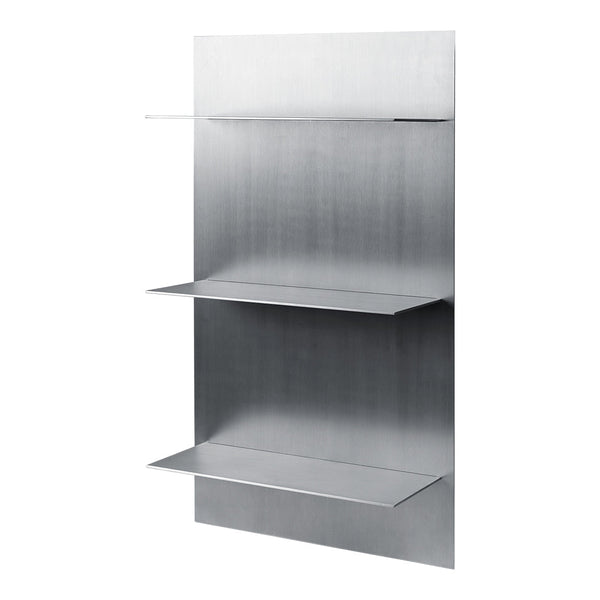 Sleek silver metal shelving unit with a smooth, brushed finish and three open shelves for modern storage solutions.