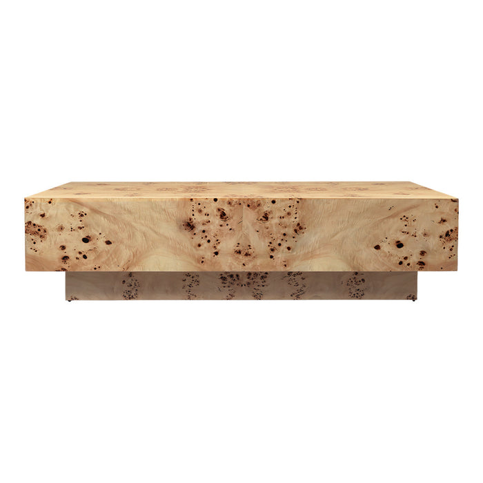 Light beige wooden coffee table with natural burl patterns and a sleek, modern base. Ideal for contemporary decor.