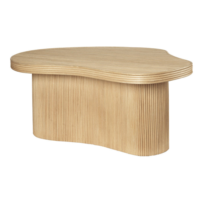 Light wood coffee table with a wavy shape and vertical ribbed texture, featuring natural beige tones.