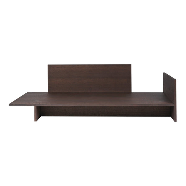 Dark brown wooden desk with a sleek, minimalist design and clean lines, perfect for modern office decor.