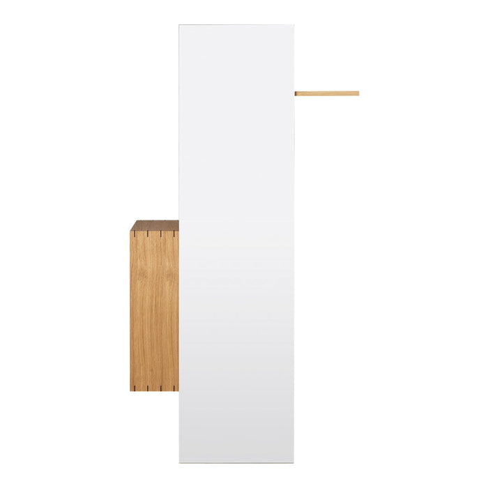 White and natural wood contrast with a clean, minimalist design, featuring a sleek vertical panel and smooth finishes.