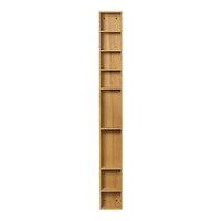 Tall wooden bookshelf in natural oak finish with multiple open shelves and a sleek, minimalist design.