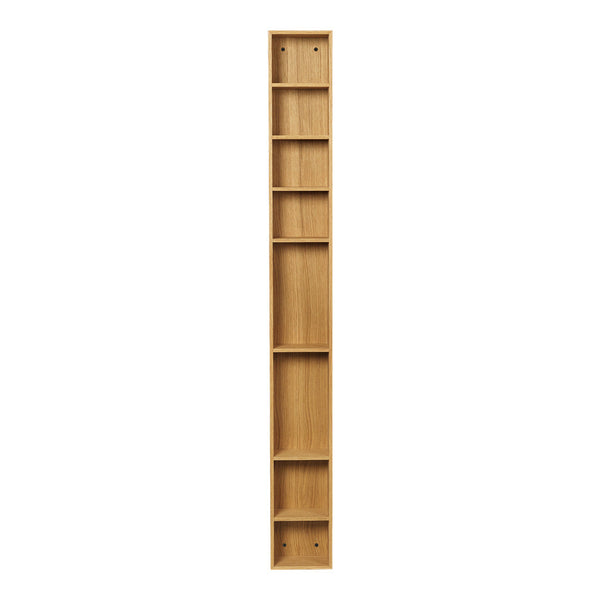 Tall wooden bookshelf in natural oak finish with multiple open shelves and a sleek, minimalist design.