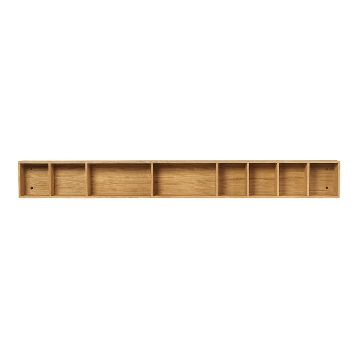 Natural bamboo shelf with a smooth finish and minimalistic design, featuring eight cubby compartments.