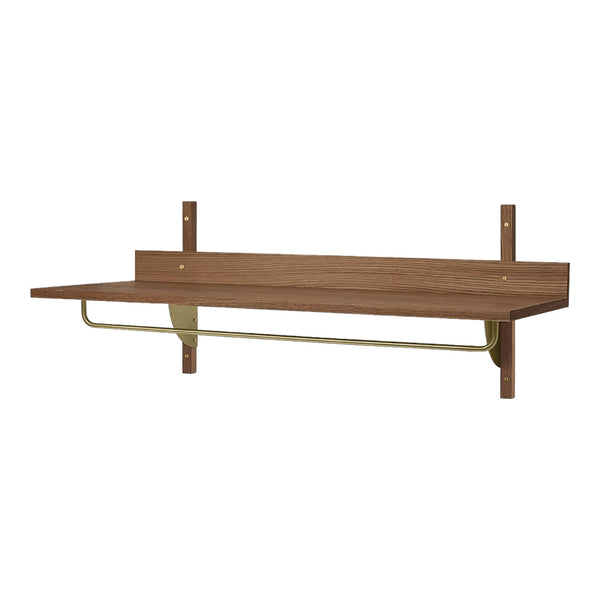 Wooden wall shelf in rich brown finish with minimalist gold support brackets. Simple, modern design for any decor.