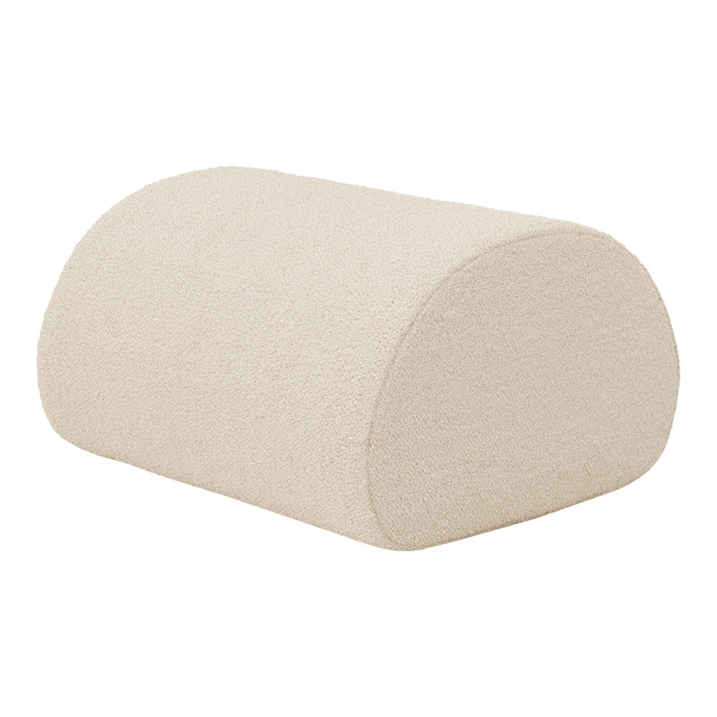 Beige fabric bolster pillow with a smooth, rounded shape, perfect for modern decor.