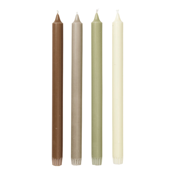 Set of four decorative candles in brown, beige, muted green, and cream colors, perfect for home decor.