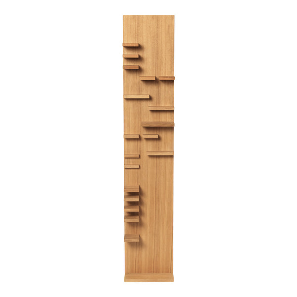 Natural wood bookshelf with a light oak finish and unique, asymmetrical shelving design. Ideal for modern decor.