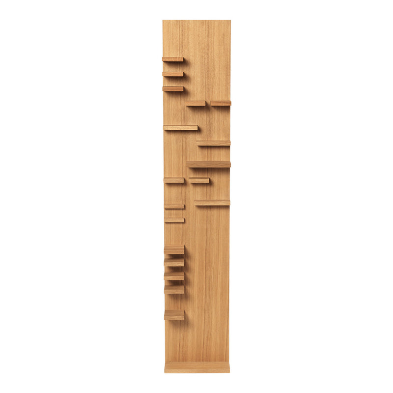 Natural wood bookshelf with a light oak finish and unique, asymmetrical shelving design. Ideal for modern decor.