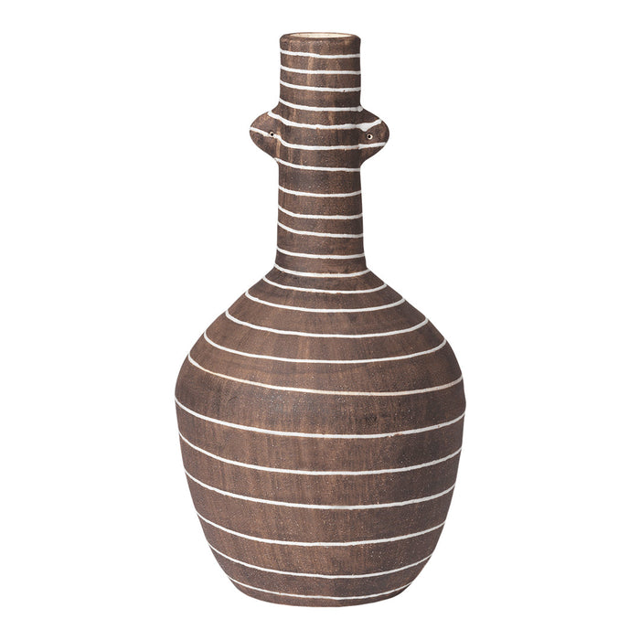 Brown ceramic vase with white horizontal stripes, featuring a unique, modern design.