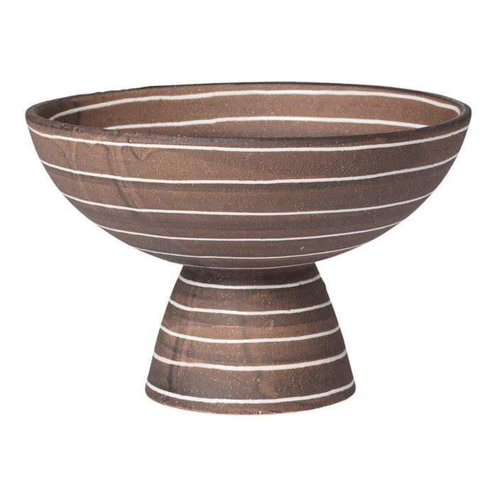 Brown ceramic bowl with white horizontal stripes, featuring a tapered pedestal base for stylish decor.