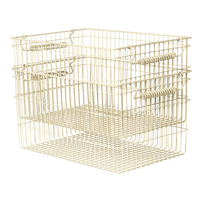Light cream wire storage baskets with a minimalist design, featuring a grid pattern and a stacked arrangement.