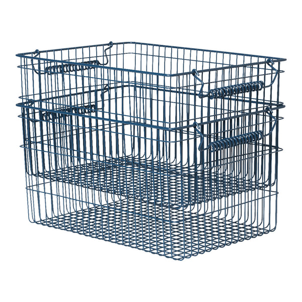 Blue metal wire storage baskets with a simple grid pattern, featuring a stacked design for versatile organization.