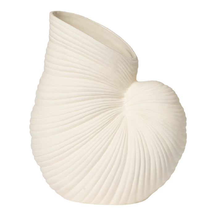 White spiral vase with ribbed texture, resembling a nautilus shell, elegantly crafted and smooth.
