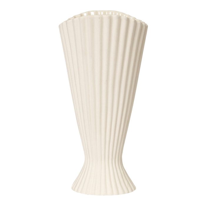 Elegant white ribbed vase with a fluted design, perfect for modern decor and floral arrangements.