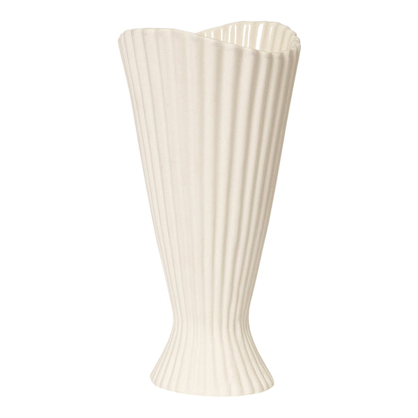 Tall, ribbed white vase with a textured surface and flared top, perfect for elegant floral arrangements.