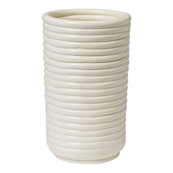 White ceramic vase with a ribbed texture and smooth, glossy finish. Elegant and modern design for home decor.