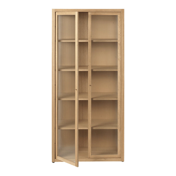 Light natural wood cabinet with clear glass doors and smooth, minimalist design. Perfect for modern home decor.