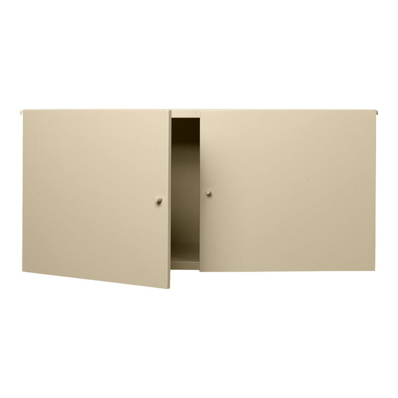 Cream-colored, minimalist cabinet with smooth finish and two swing doors for versatile storage solutions.