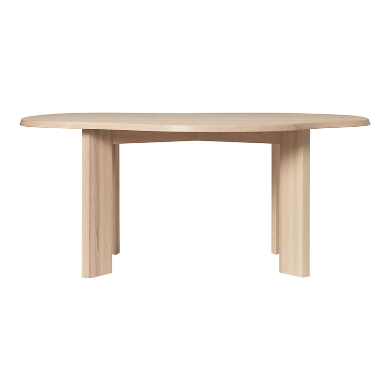 Light wood oval dining table with minimalist design and natural grain pattern, featuring four sturdy legs.