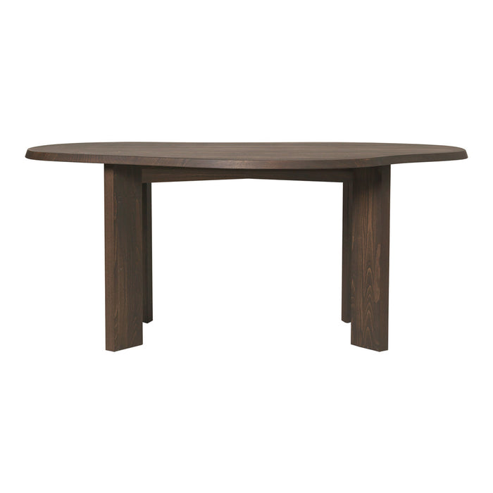 Brown oval dining table with a smooth surface and minimalist design, featuring solid wood legs. Perfect for modern homes.