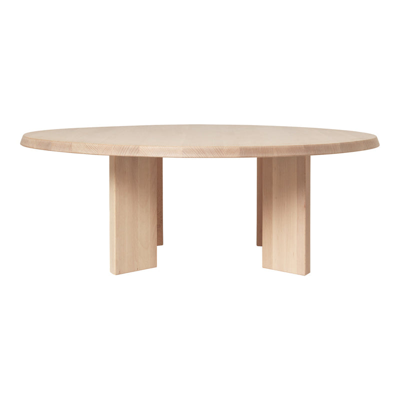 Natural light wood round table with a smooth finish and minimalist design. Perfect for modern dining spaces.