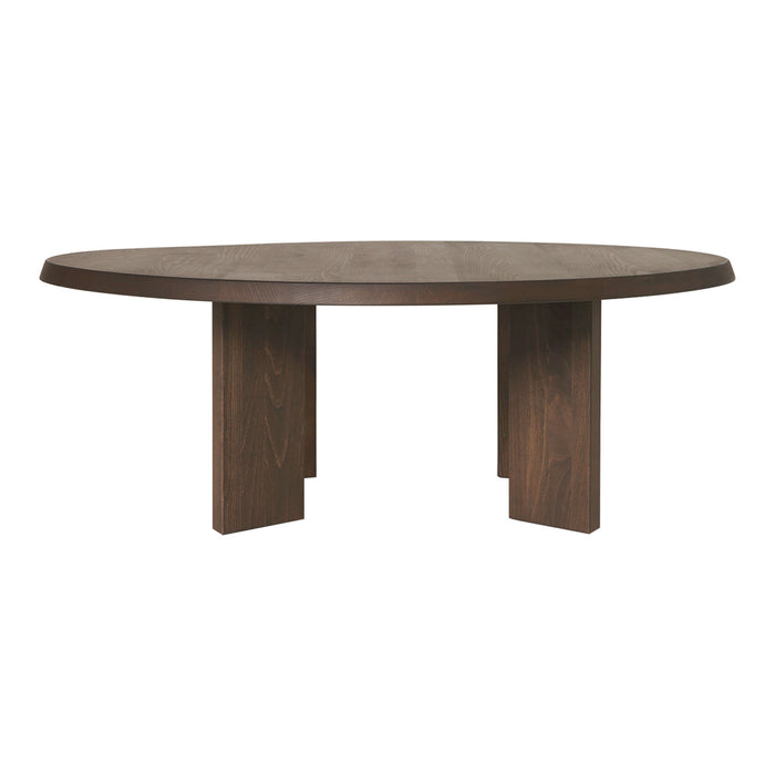 Round dark wood dining table with a smooth, rich finish and minimalist design, featuring solid block legs.