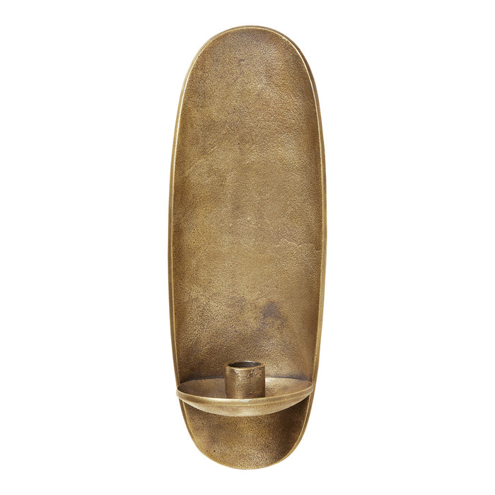 Brushed gold wall vase with a smooth, oval shape and minimalist design. Ideal for modern decor.