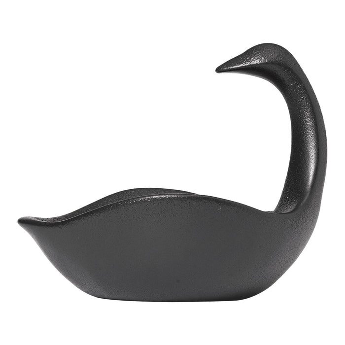 Black swan-shaped decorative bowl with smooth, glossy finish and elegant, minimalistic design. Perfect for modern decor.