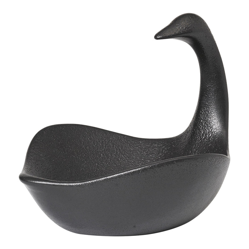 Black swan-shaped decorative bowl with a smooth, matte finish and subtle textural patterns. Perfect for modern decor.