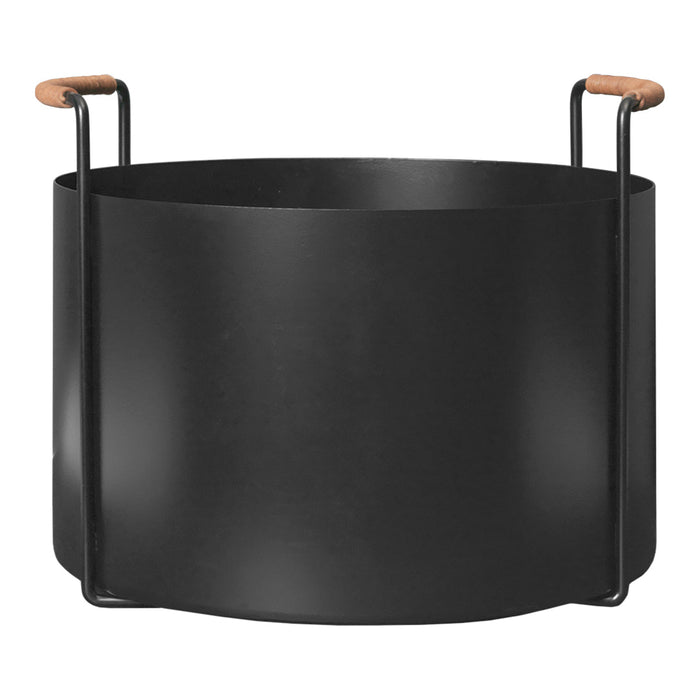 Black round metal planter with wooden handles, featuring a sleek, minimalist design perfect for modern decor.
